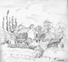 Pencil study, house with poplar trees at Kilpin Pike, Howdendyke, Yorkshire, UK